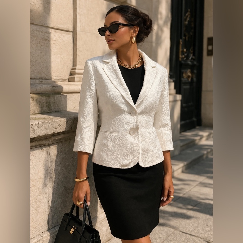 Talbots 3 Pc Set 14P White Textured Blazer Black Skirt Cashmere Sweater work lot